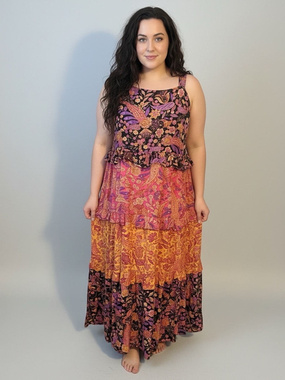 Bohemian Indie Tiered Ruffled Floral Hippie Romantic Flowy  Womens Maxi Dress 2X